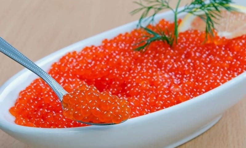 خاویار سالمون طلایی با دانه های درشت و تازه